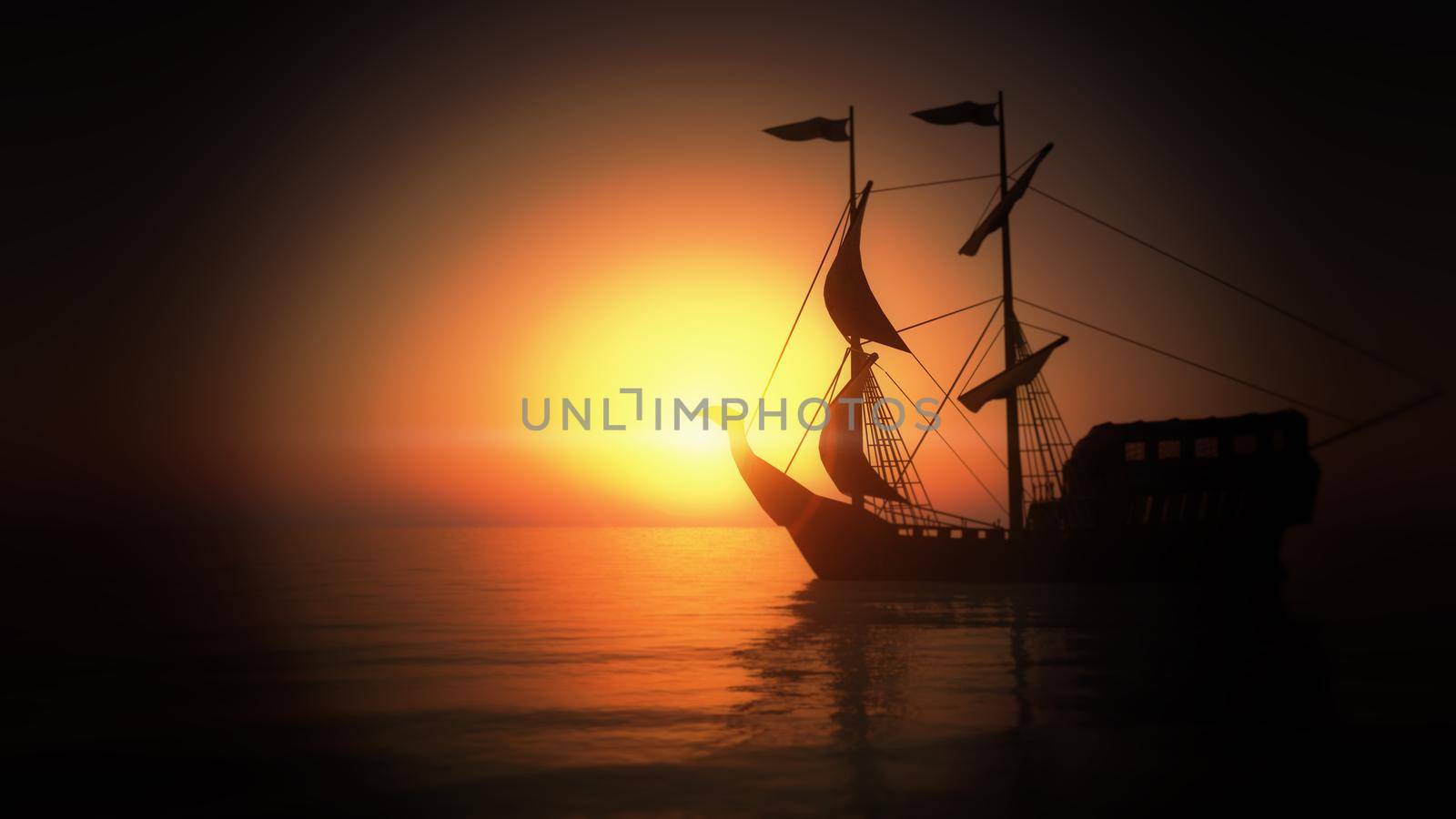 old ship in sea sunset, 3d render illustration