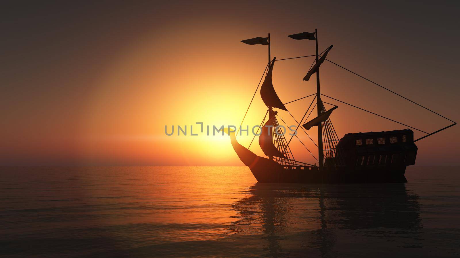 old ship in sea sunset, 3d render illustration