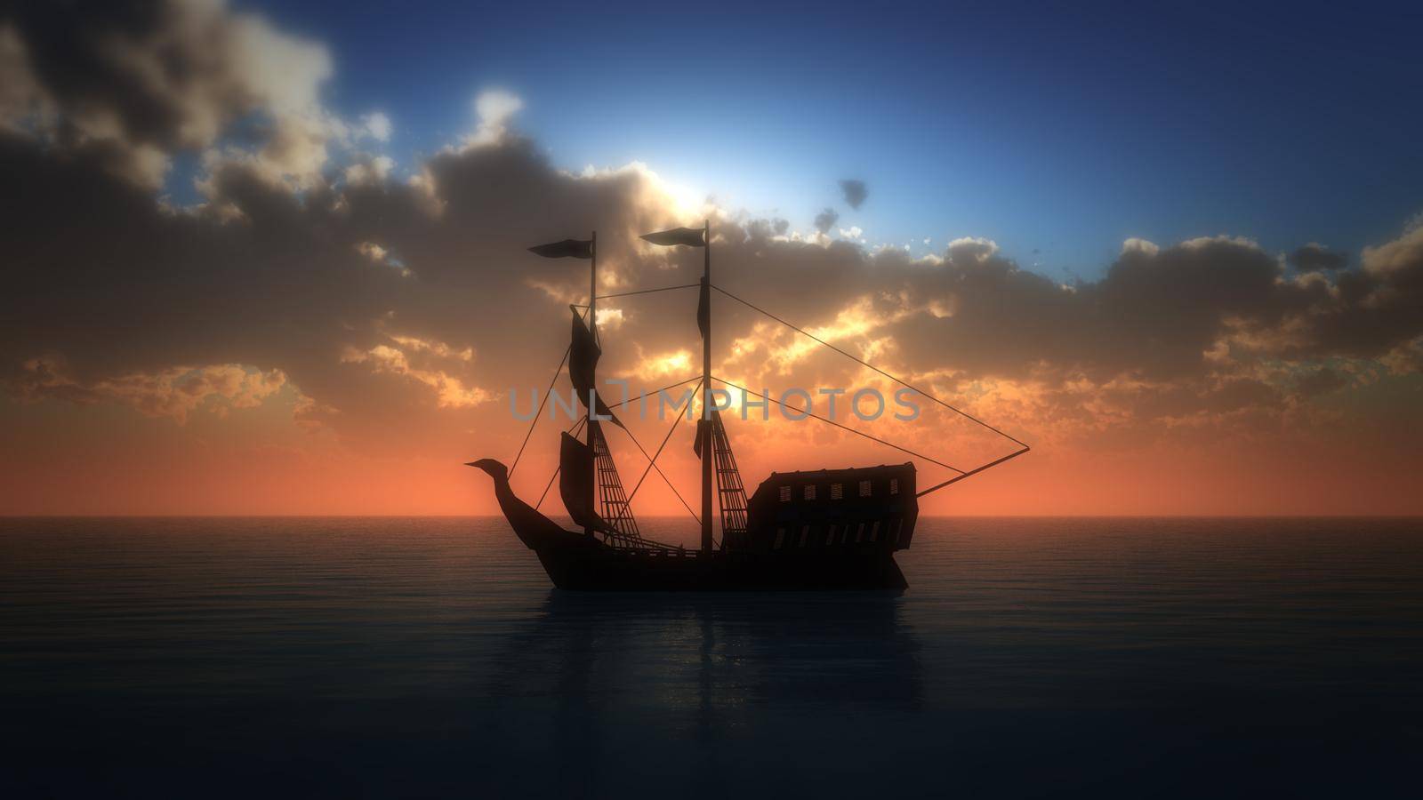 old ship in sea sunset, 3d render illustration