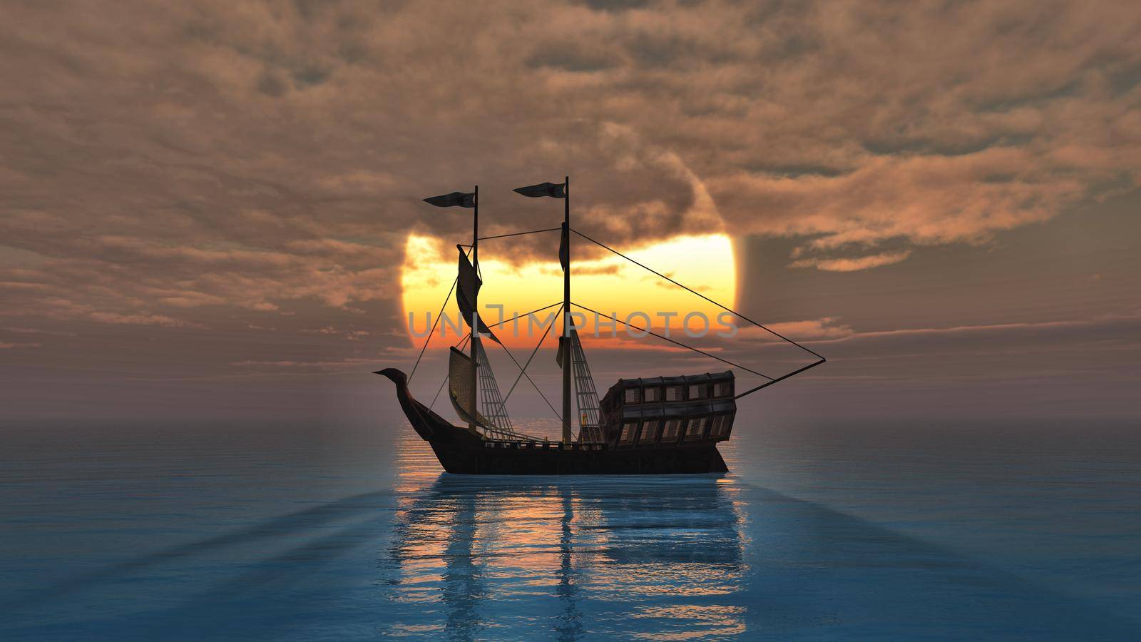 old ship in sea sunset, 3d render illustration