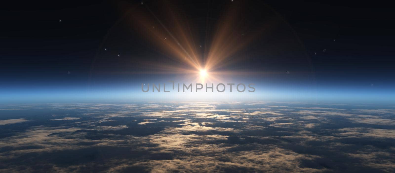 sunrise from space, stars and sun, 3d render illustration