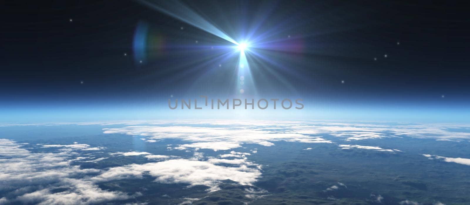 sunrise from space, stars and sun, 3d render illustration