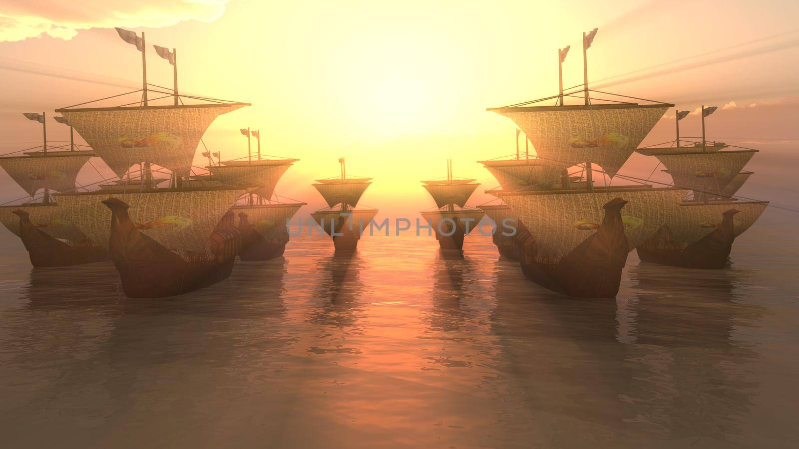 old ships sunset over sea, 3d render illustration