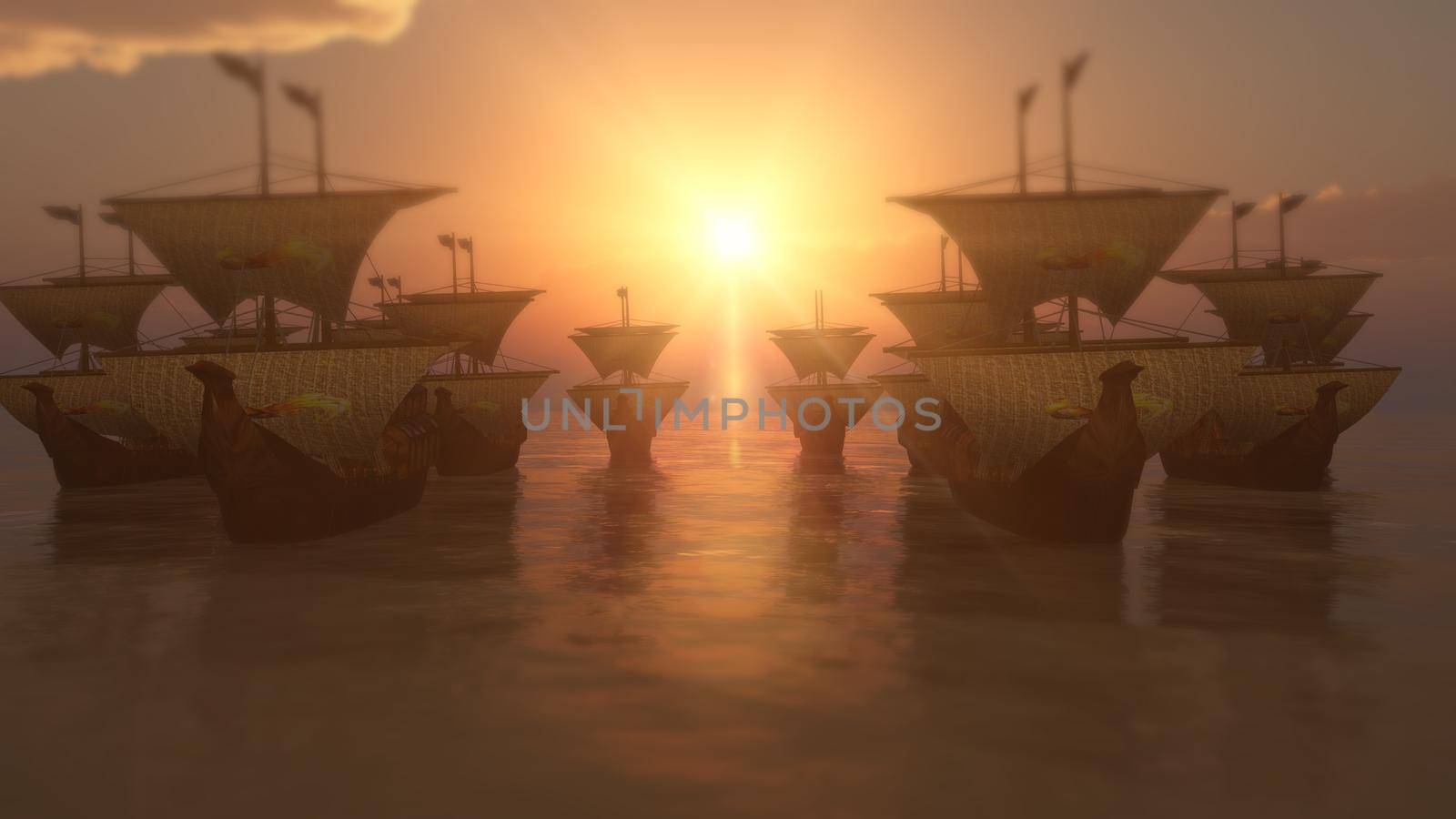 old ships sunset over sea, 3d render illustration