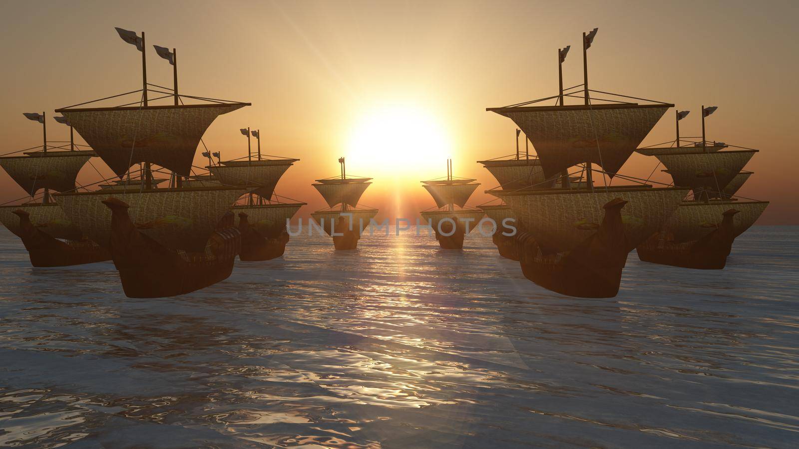 old ships sunset over sea, 3d render illustration