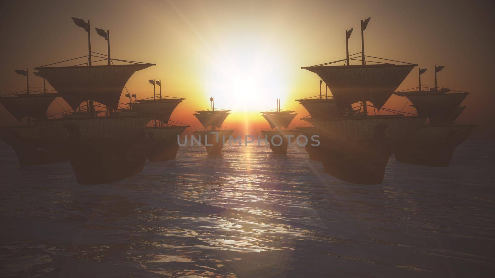 old ships sunset over sea, 3d render illustration