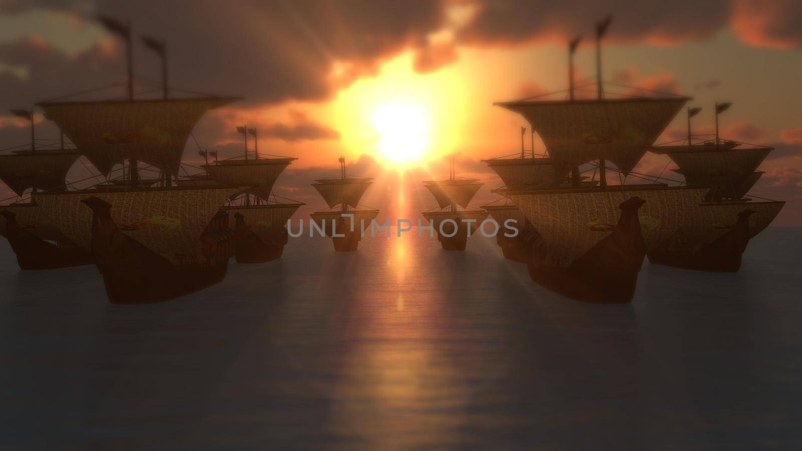 old ships sunset over sea, 3d render illustration