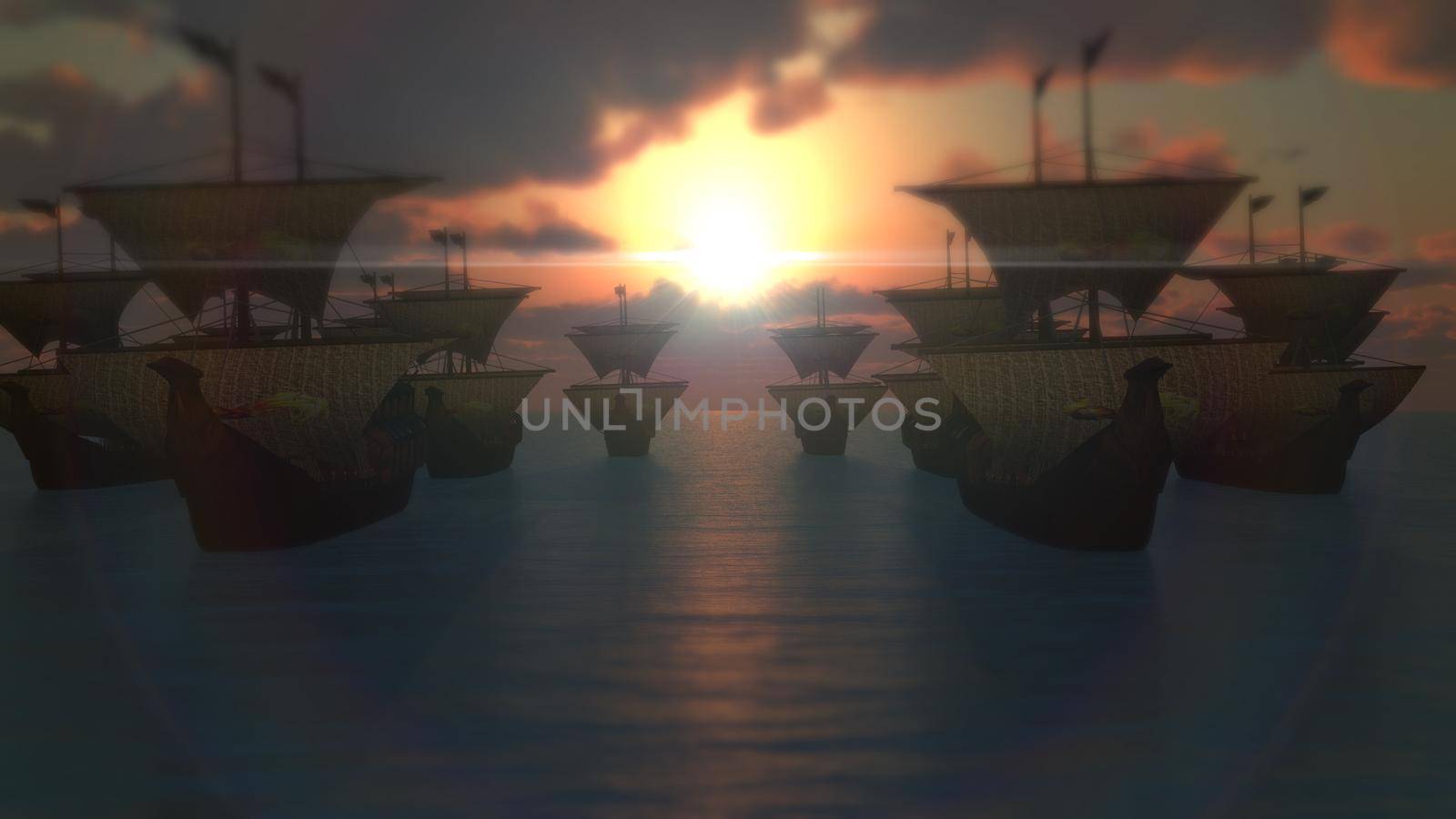 old ships sunset over sea, 3d render illustration