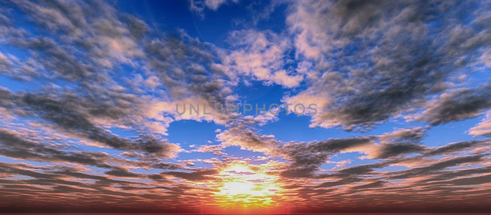 panorama gold sunset sun ray, 3d illustration render