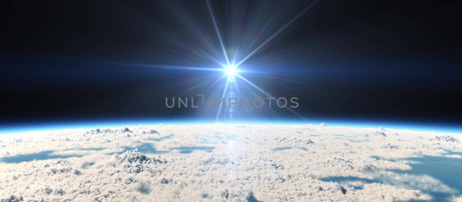 planet sunset above clouds, 3d render illustration