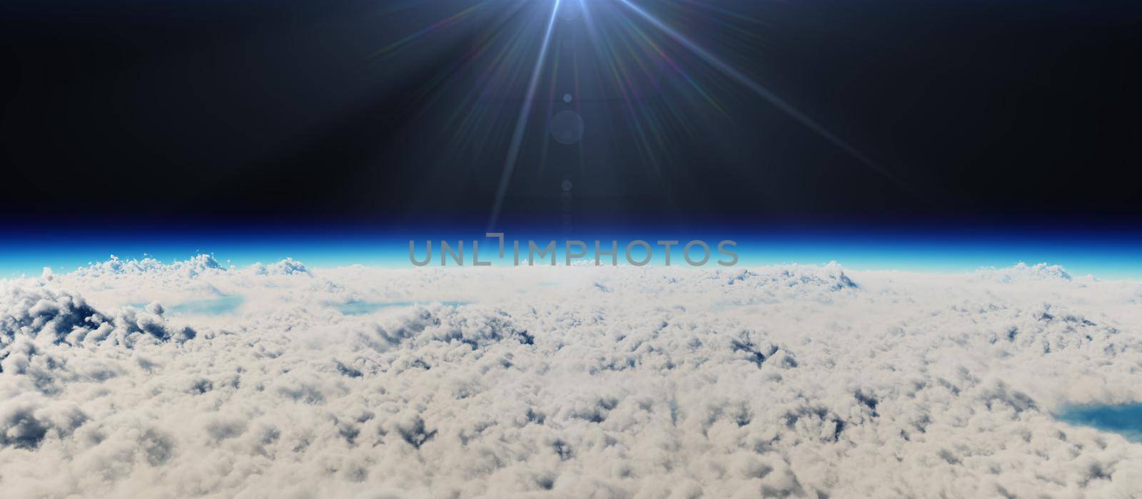 planet sunset above clouds, 3d render illustration