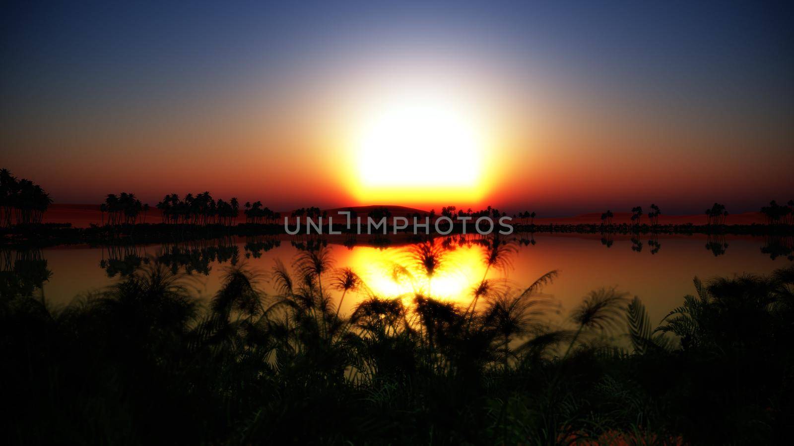 sunset over oasis landscape 3d render by alex_nako