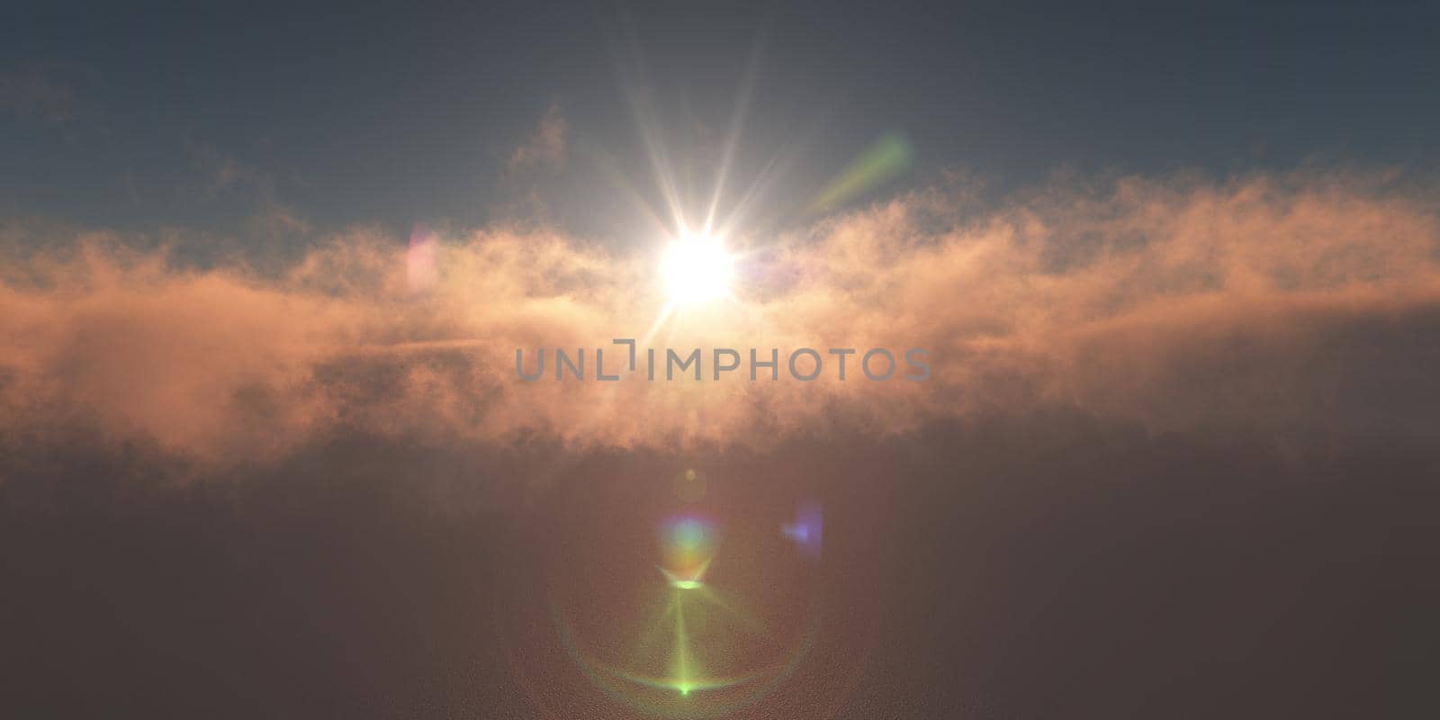 ocean sunset above clouds, 3d render illustration