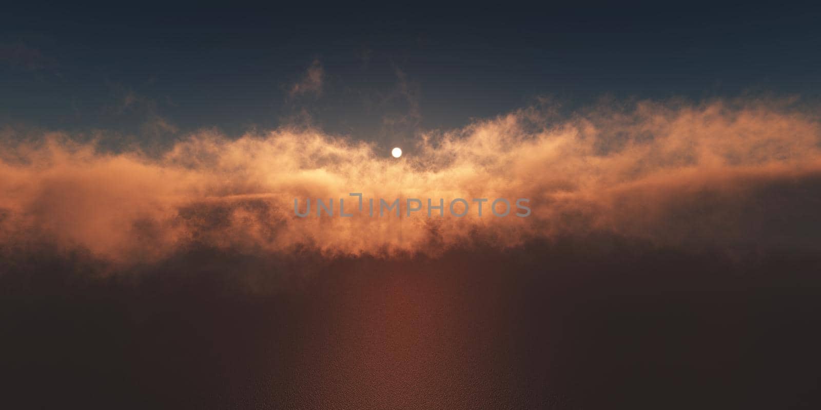 ocean sunset above clouds, 3d render illustration