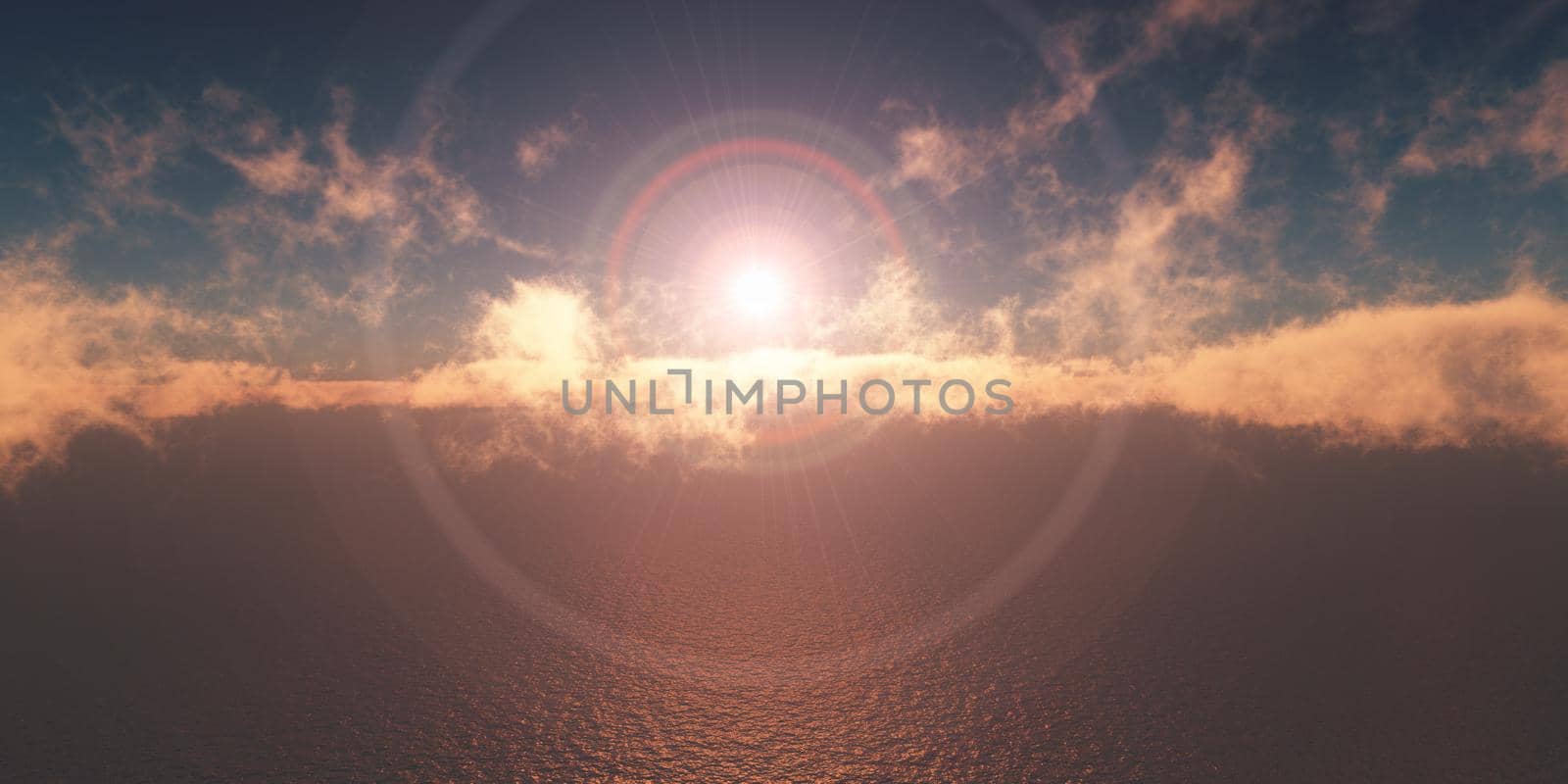 ocean sunset above clouds, 3d render illustration