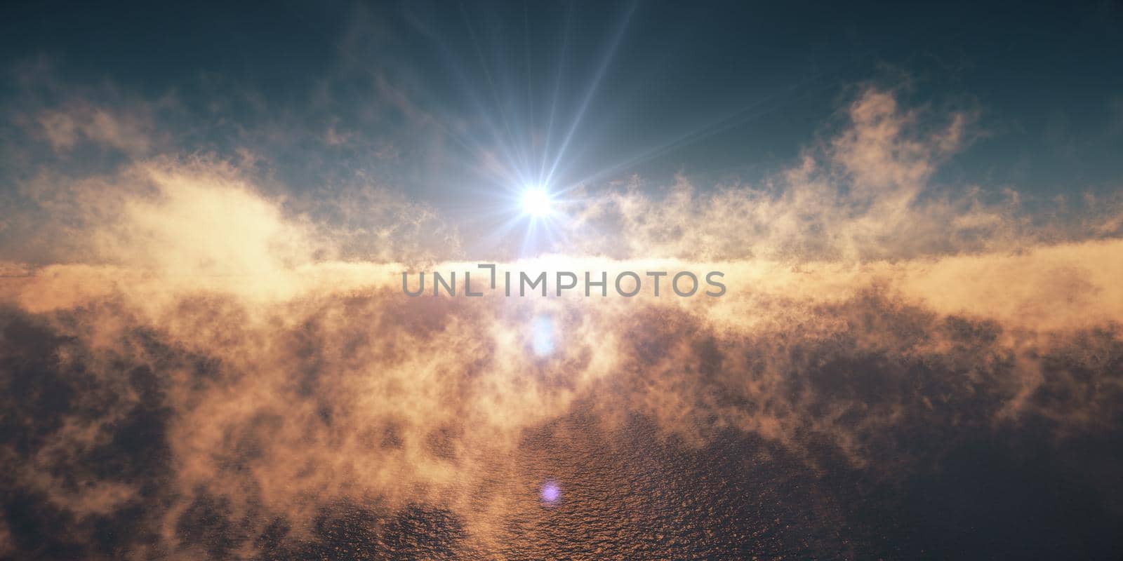 ocean sunset above clouds, 3d render illustration