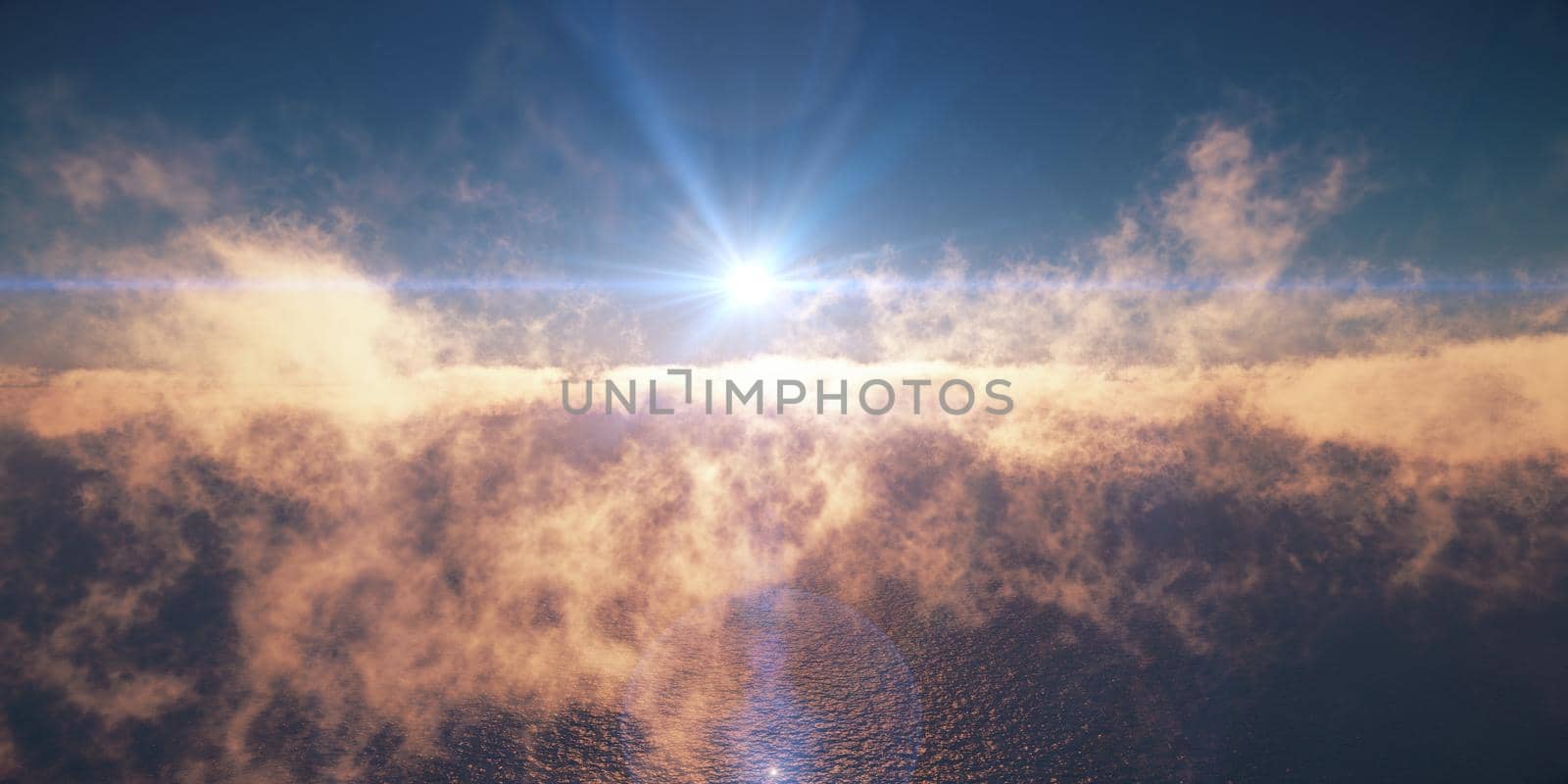 ocean sunset above clouds, 3d render illustration