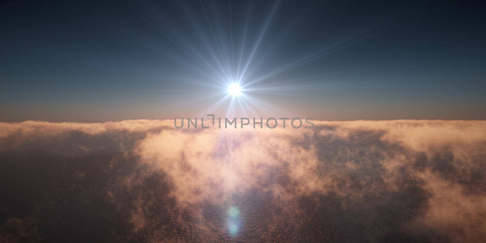 ocean sunset above clouds, 3d render illustration