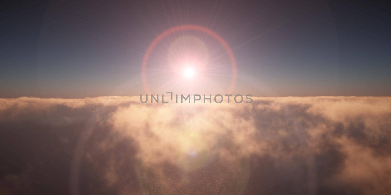 ocean sunset above clouds, 3d render illustration