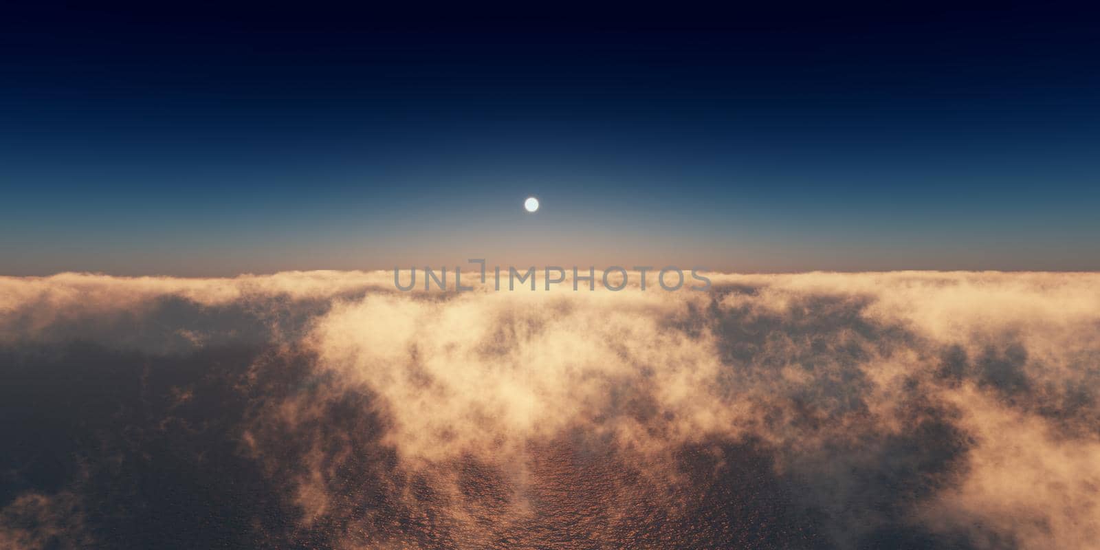 ocean sunset above clouds, 3d render illustration