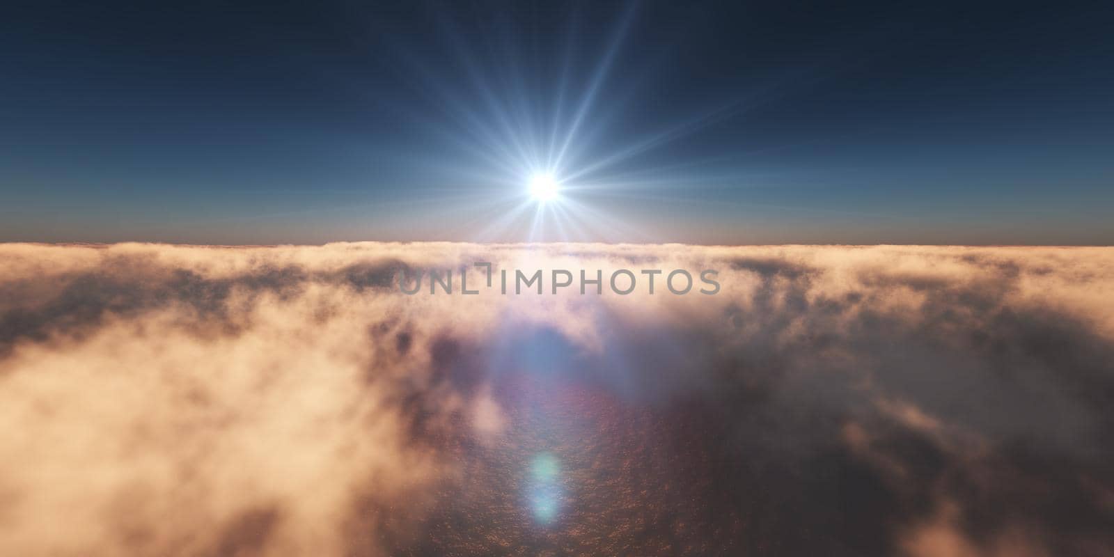 ocean sunset above clouds, 3d render illustration