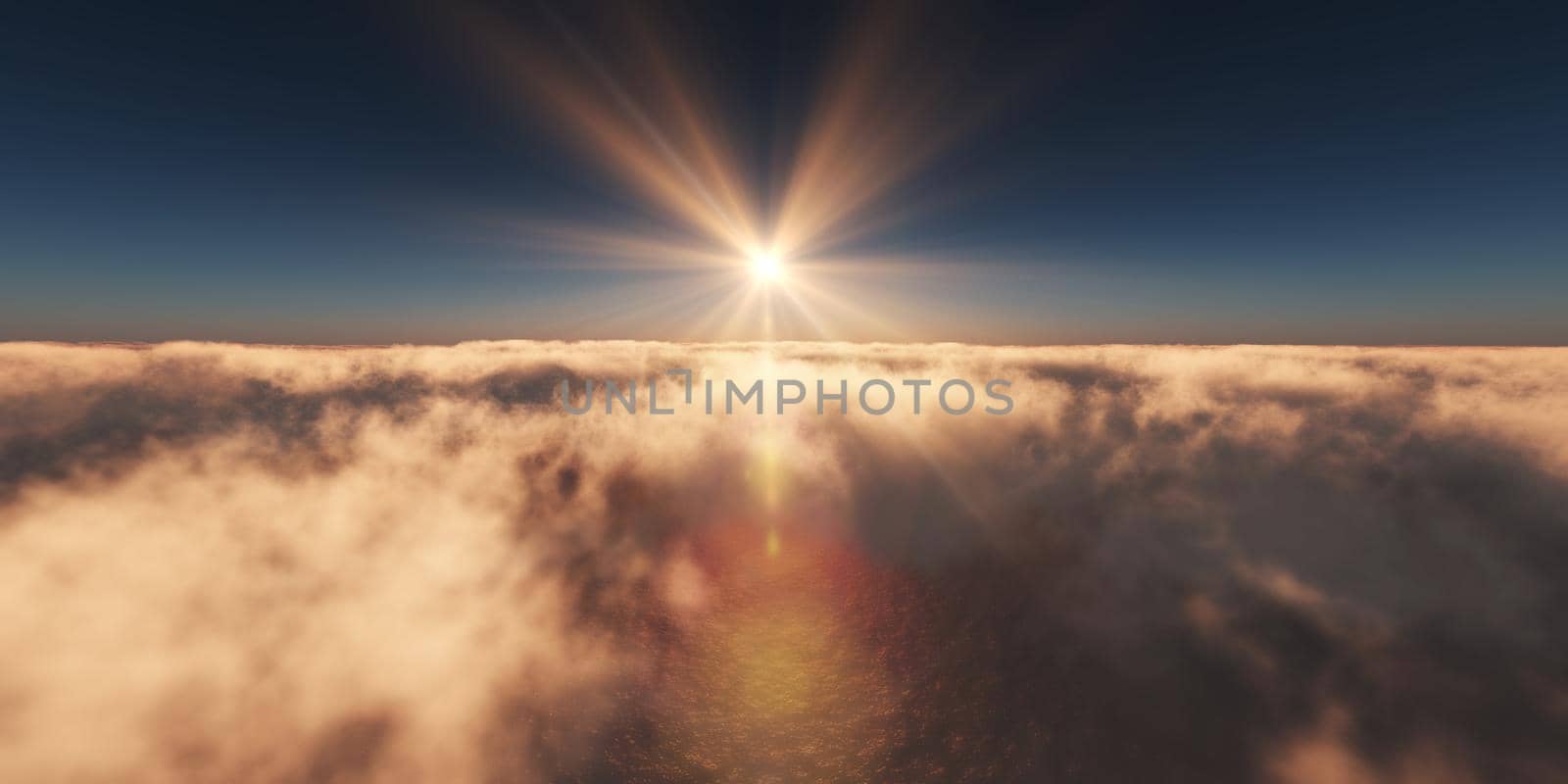 ocean sunset above clouds, 3d render illustration