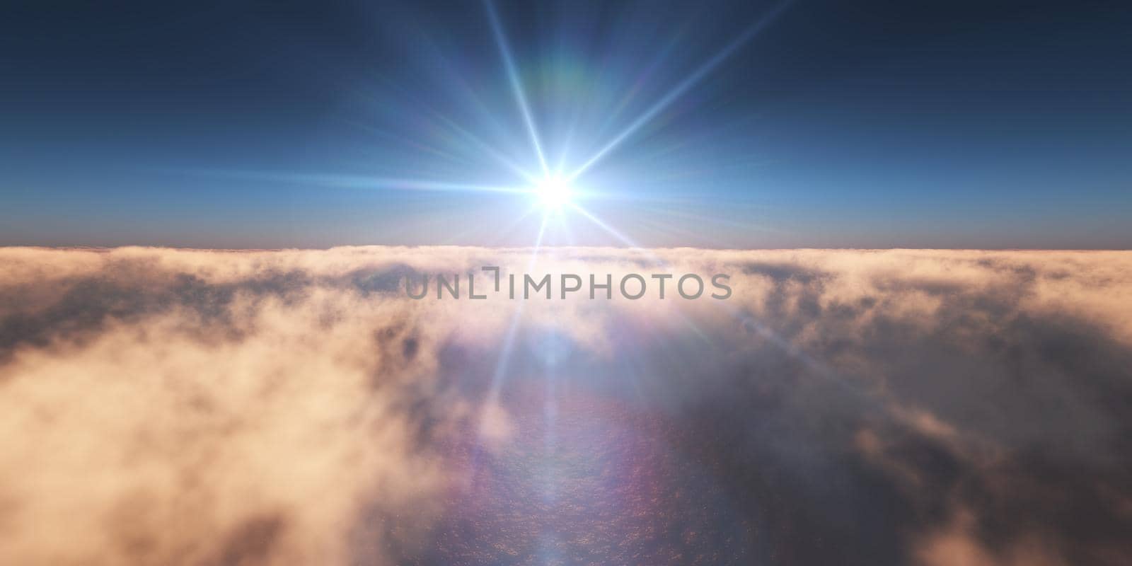 ocean sunset above clouds, 3d render illustration