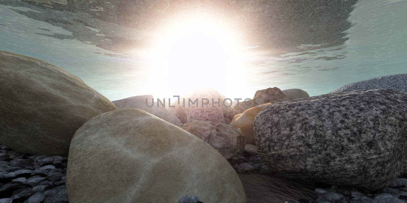 rock underwater macro sun ray, 3d illustration render