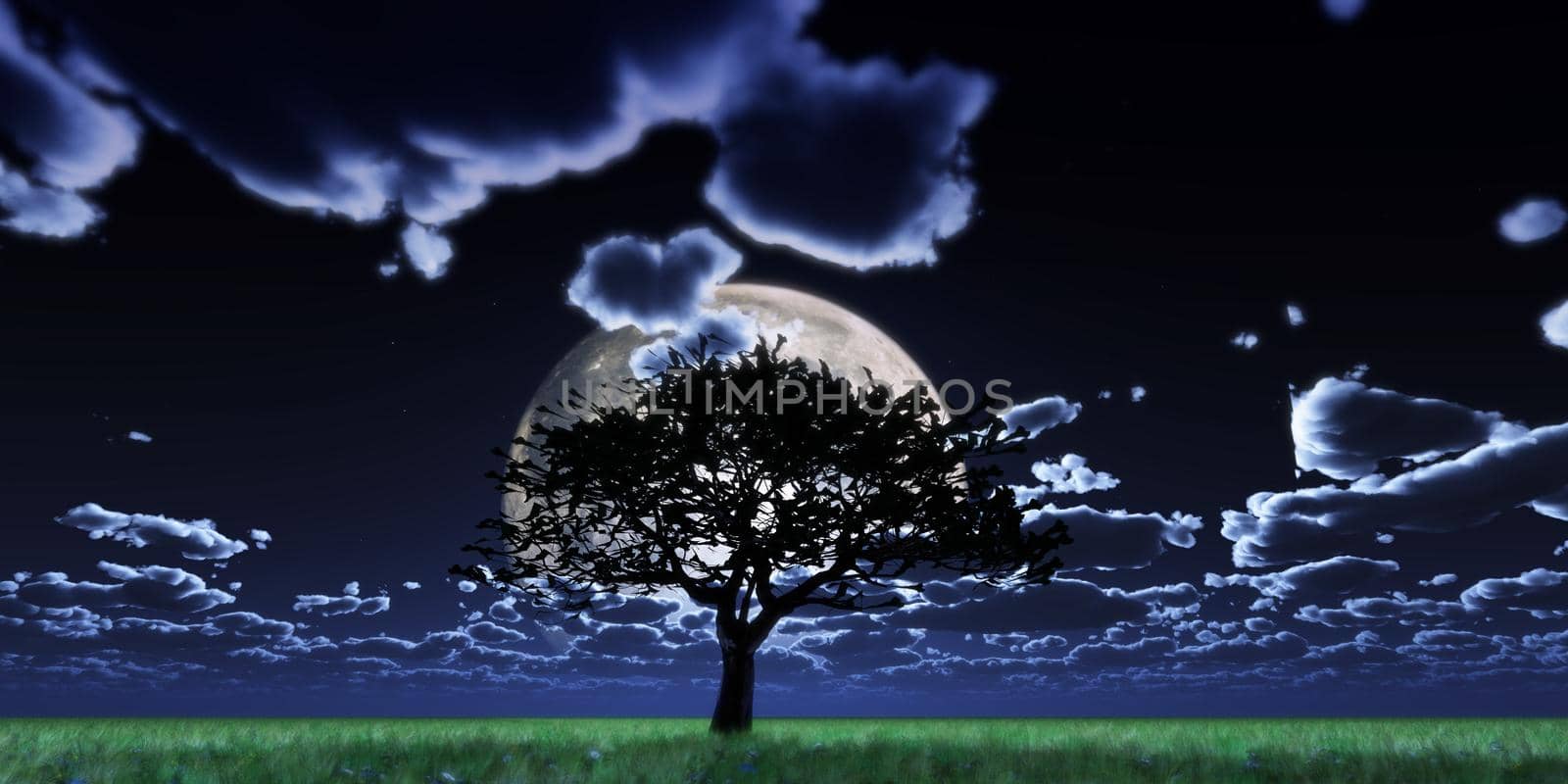 tree night full moon, 3d render illustration