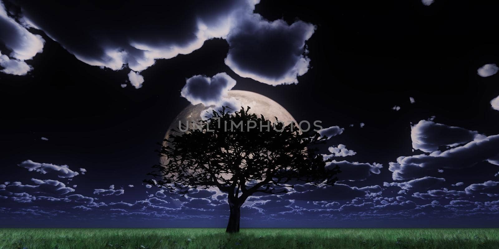tree night full moon, 3d render illustration