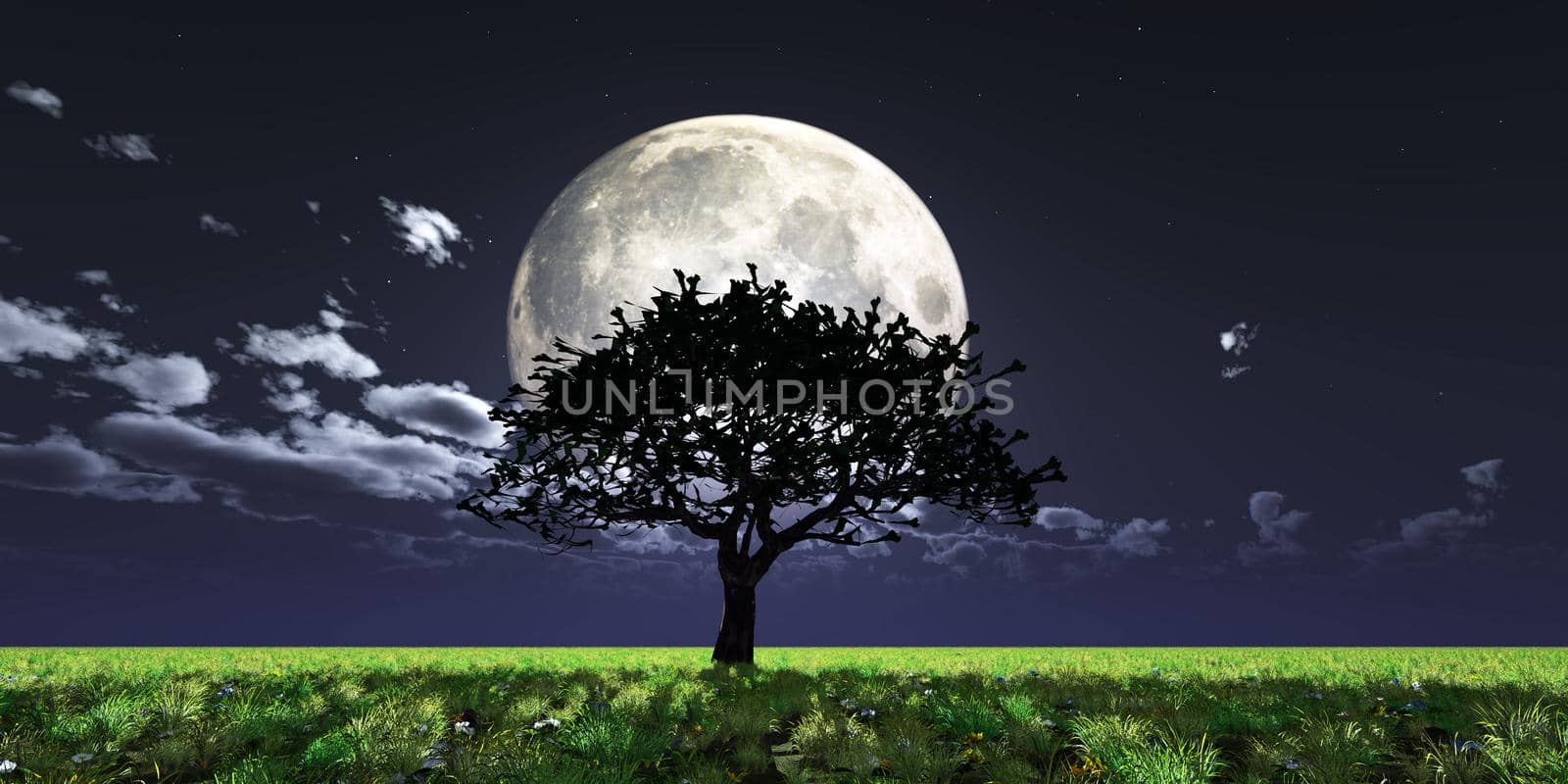 tree night full moon, 3d render illustration