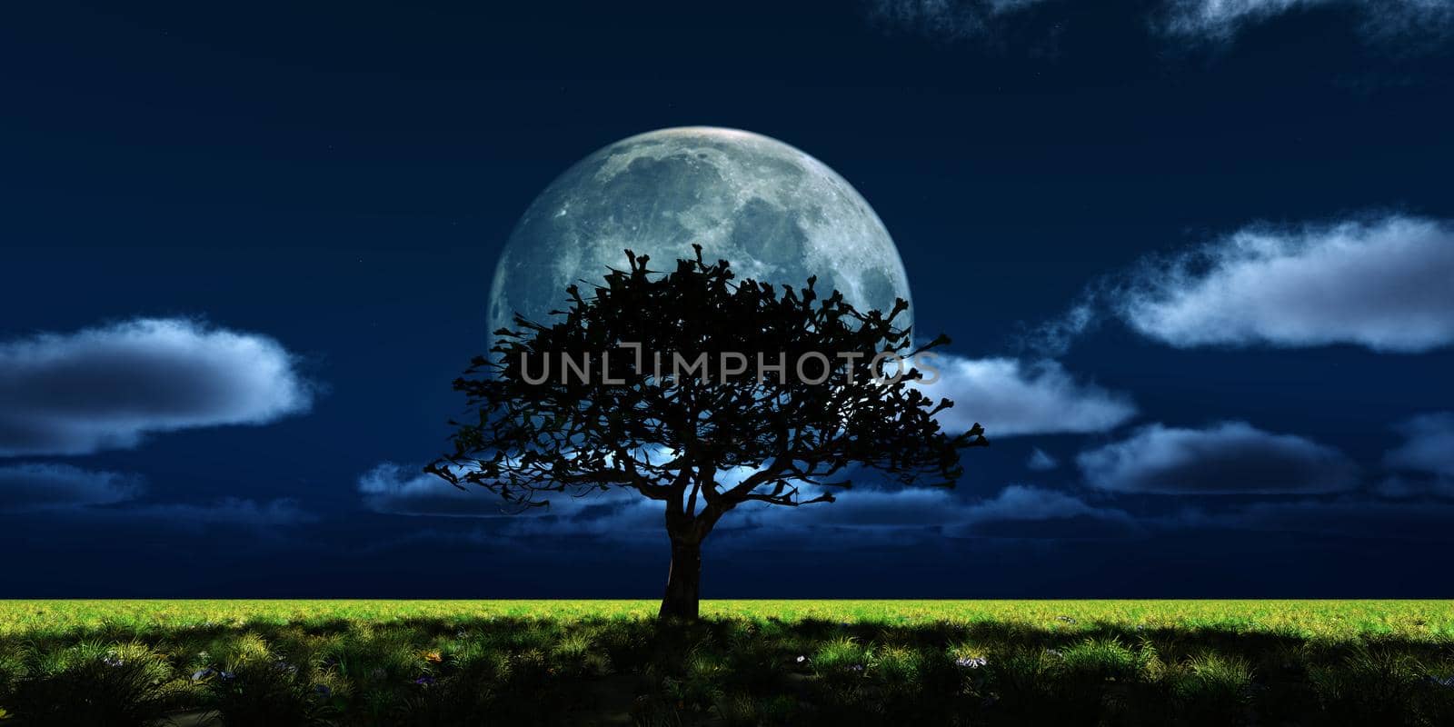 tree night full moon, 3d render illustration