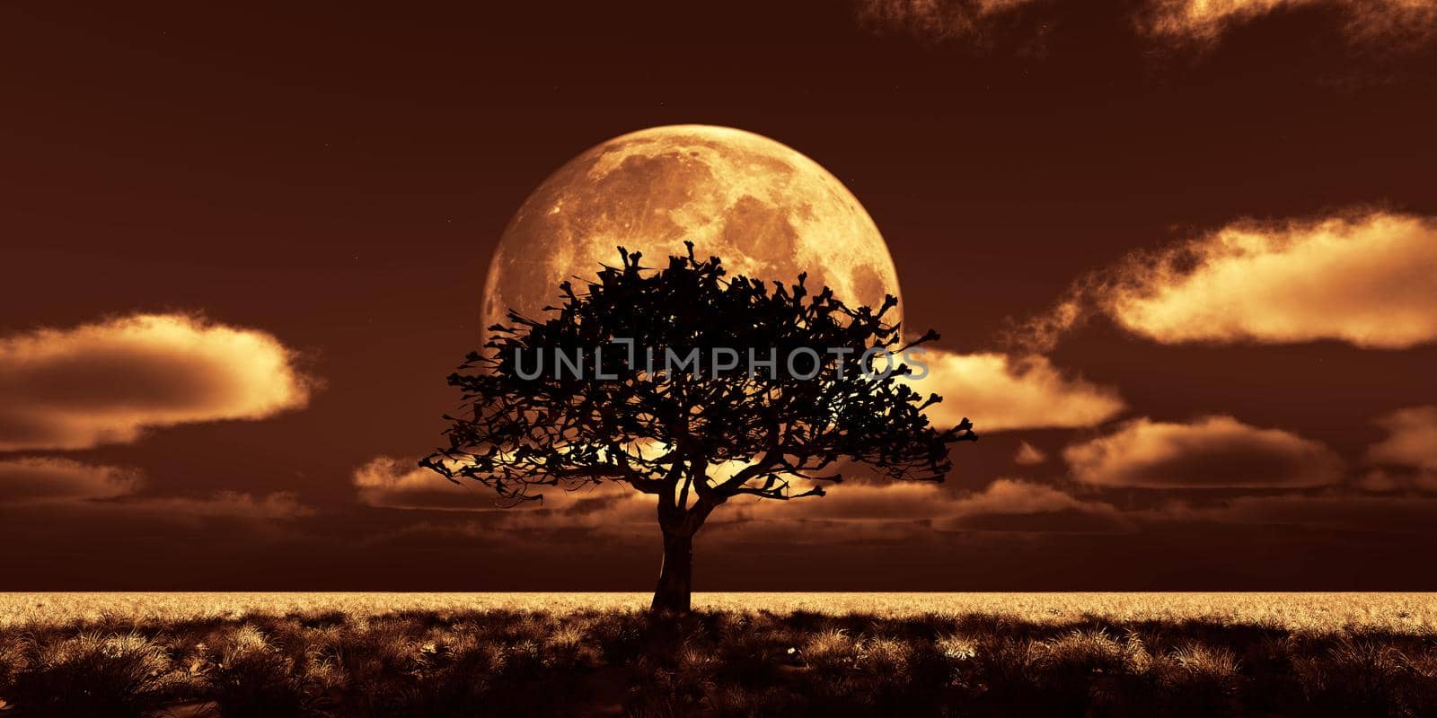 tree night full moon, 3d render illustration