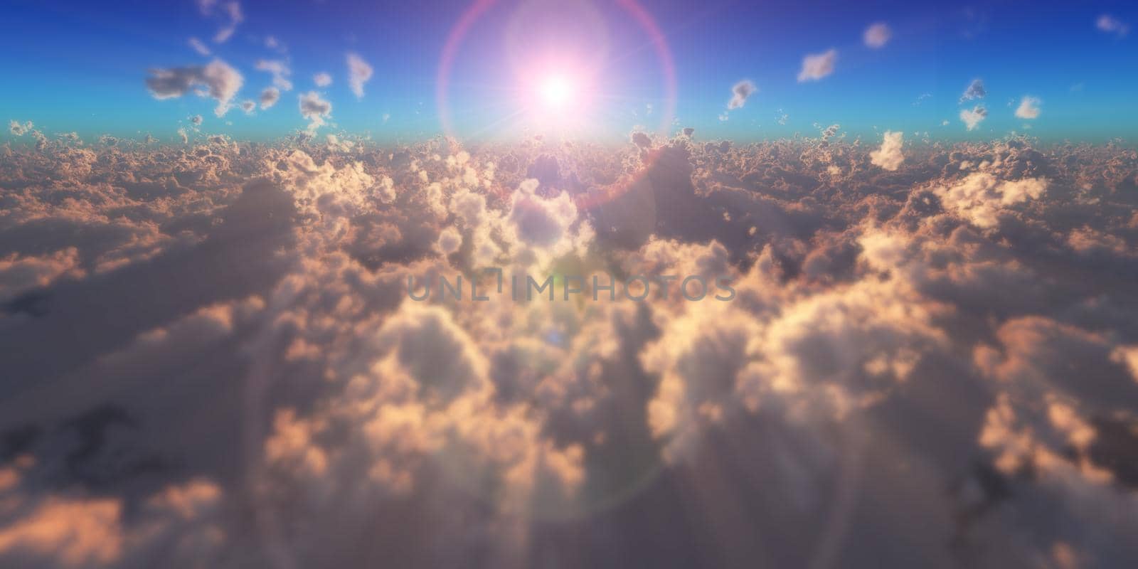 fly in above clouds sun ray, 3d render illustration