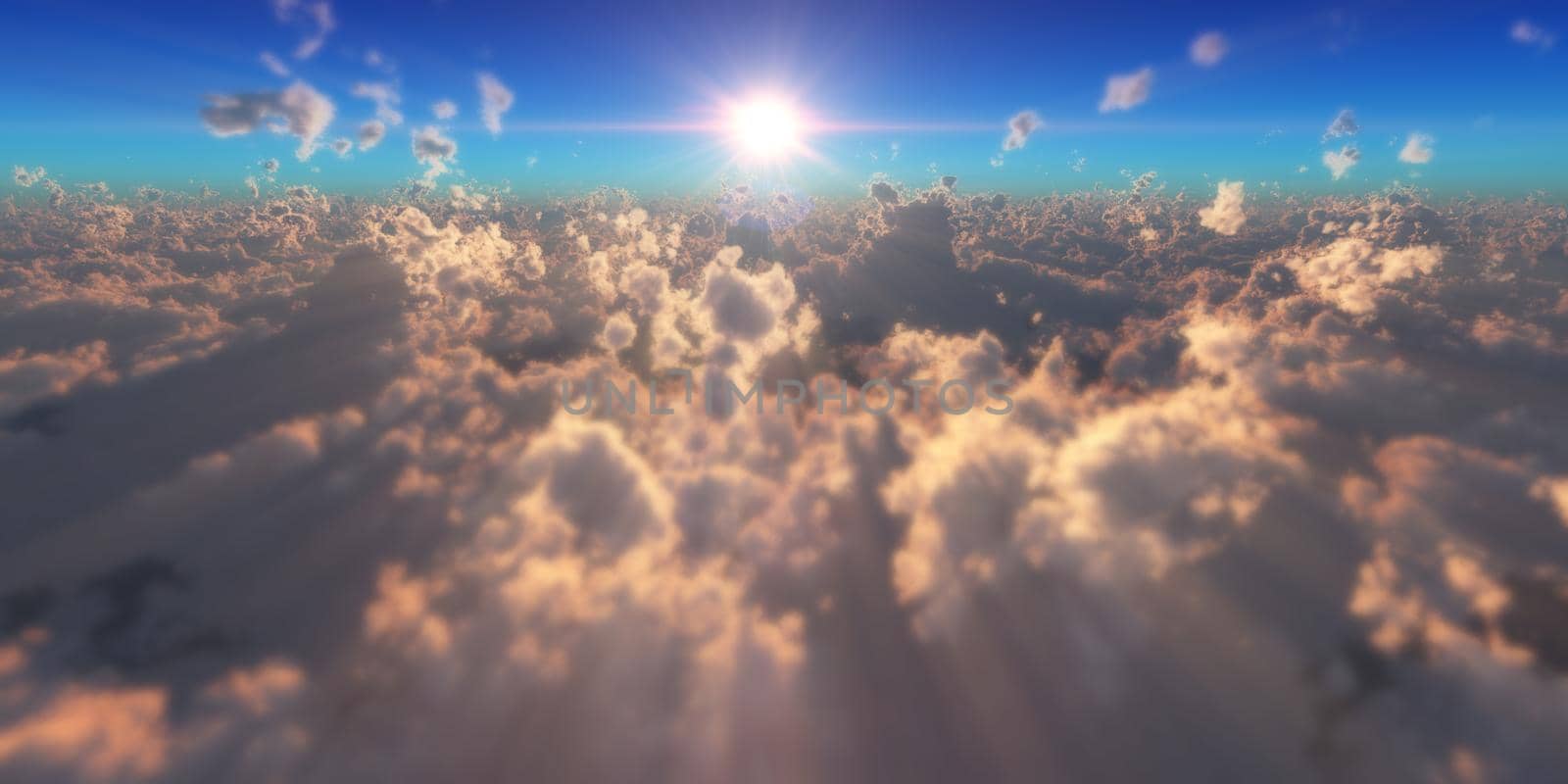 fly in above clouds sun ray, 3d render illustration
