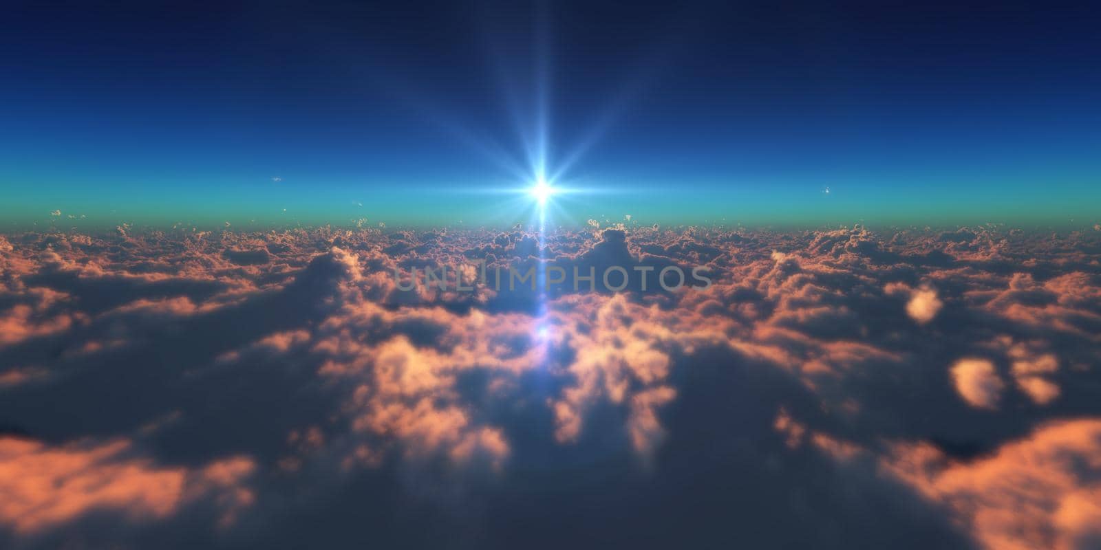 fly in above clouds sun ray, 3d render illustration