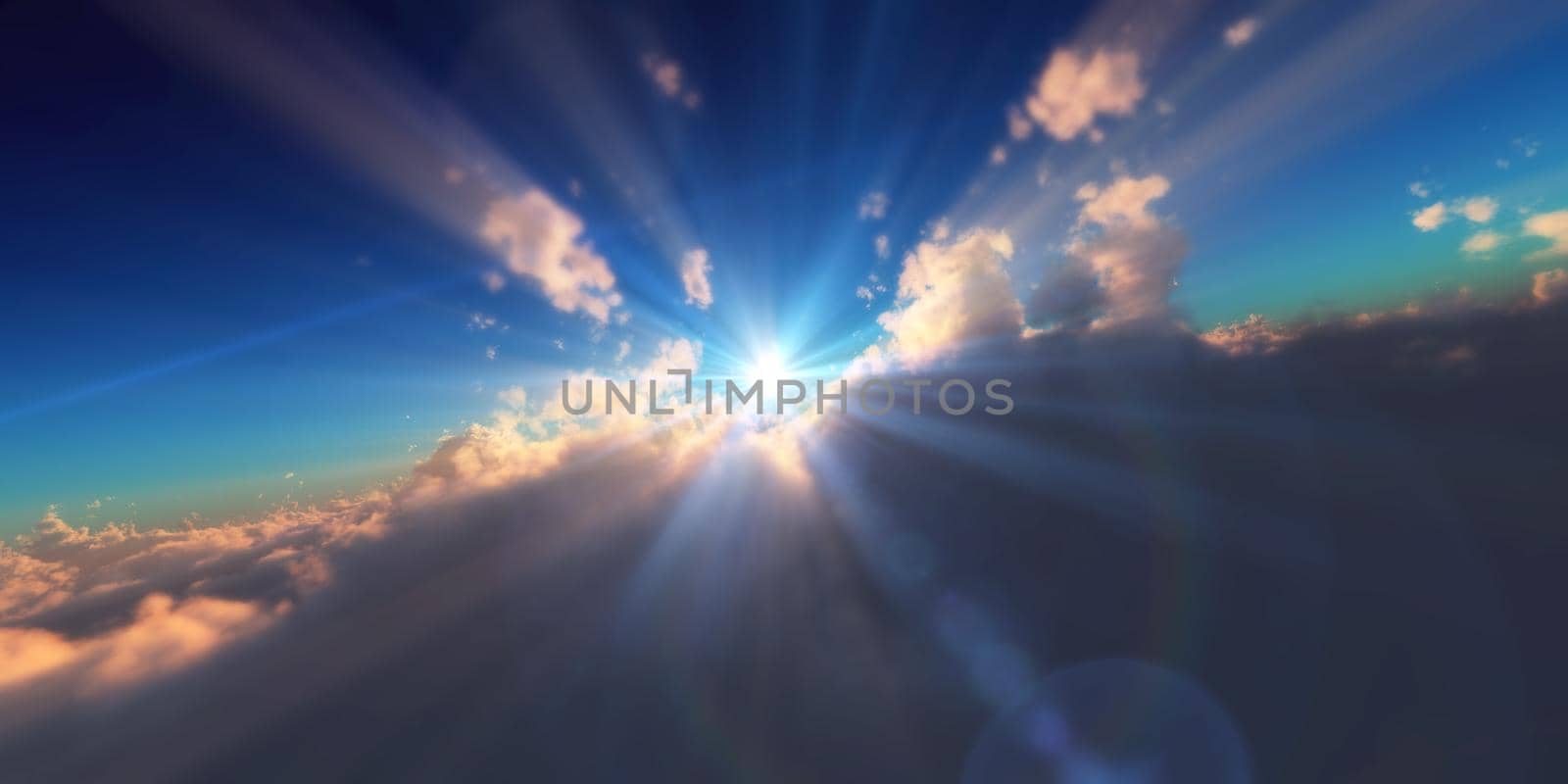 fly in above clouds sun ray, 3d render illustration