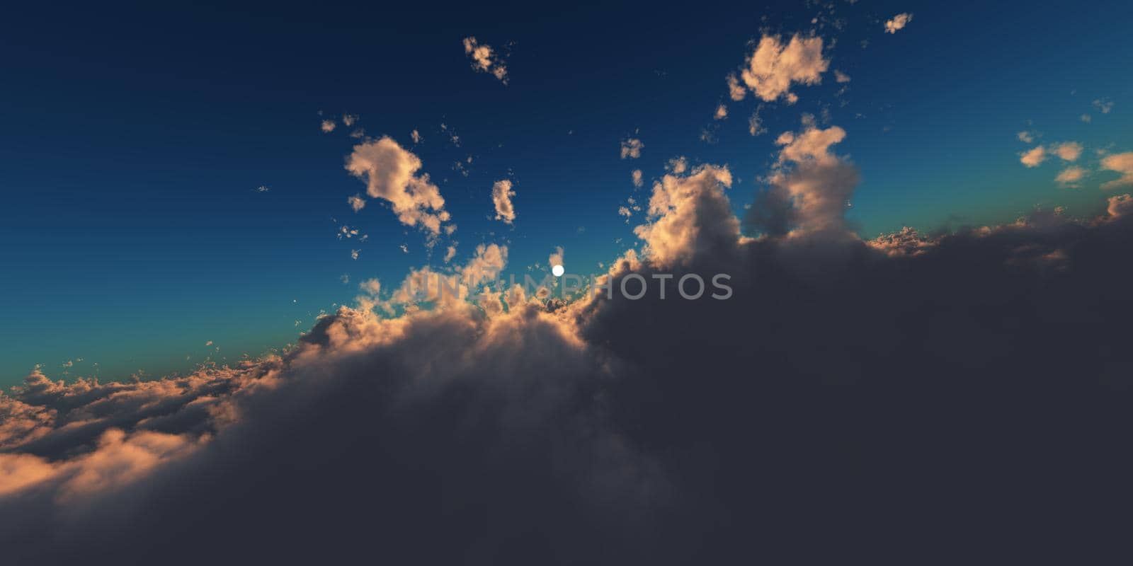 fly in above clouds sun ray, 3d render illustration