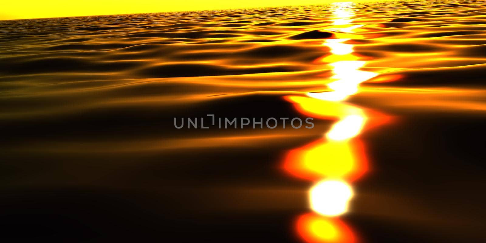 ocean sunset macro, sun light in water, 3d render illustration