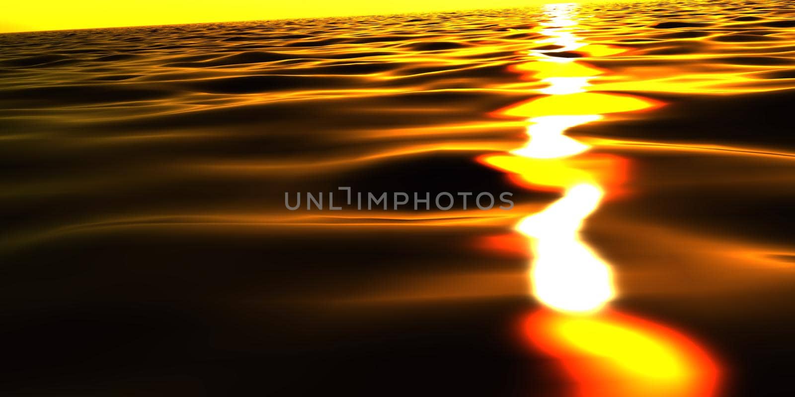 ocean sunset macro, sun light in water, 3d render illustration