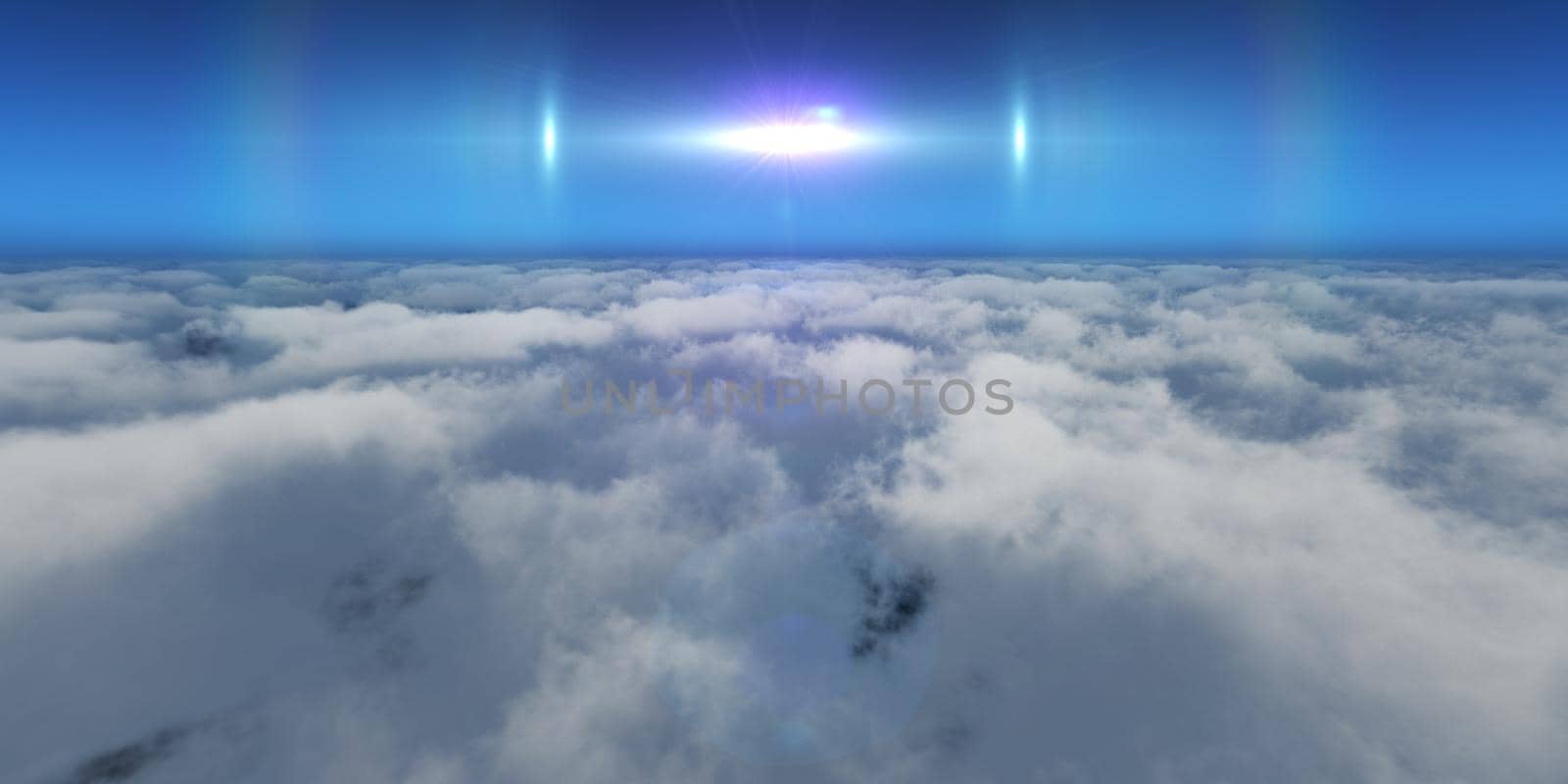 fly above clouds sun ray light, 3d render illustration