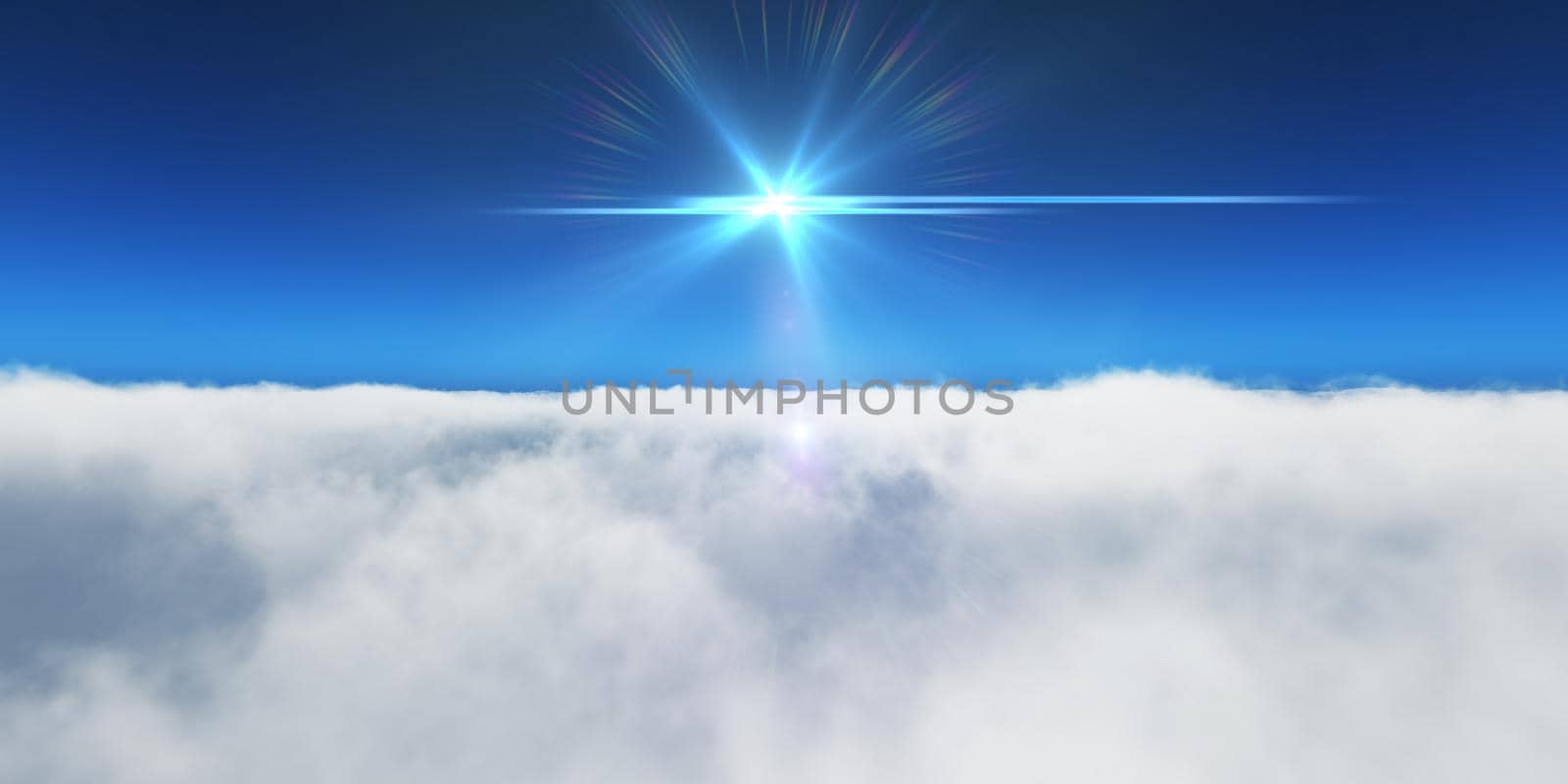 fly above clouds sun ray light, 3d render illustration