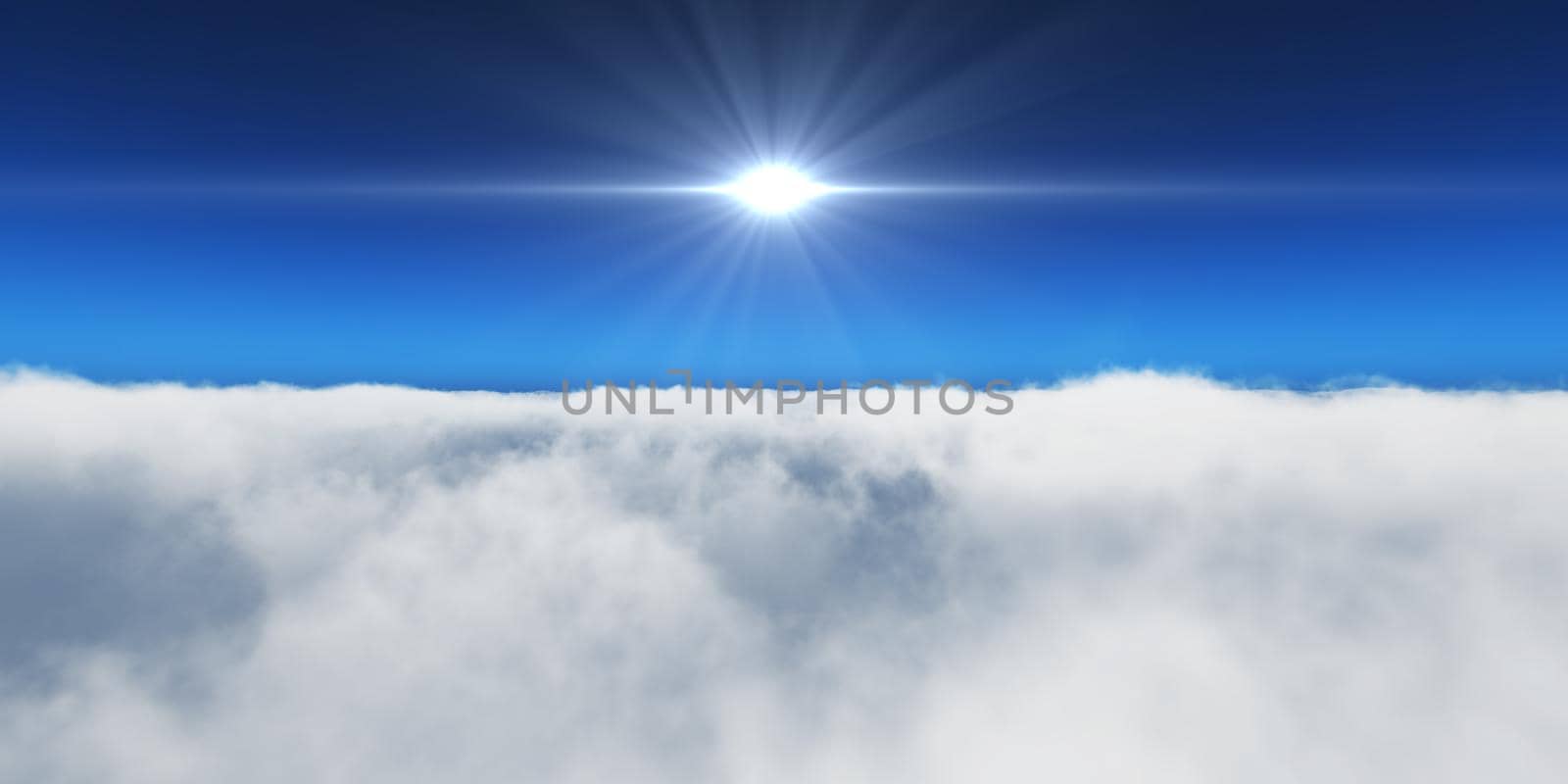 fly above clouds sun ray light, 3d render illustration