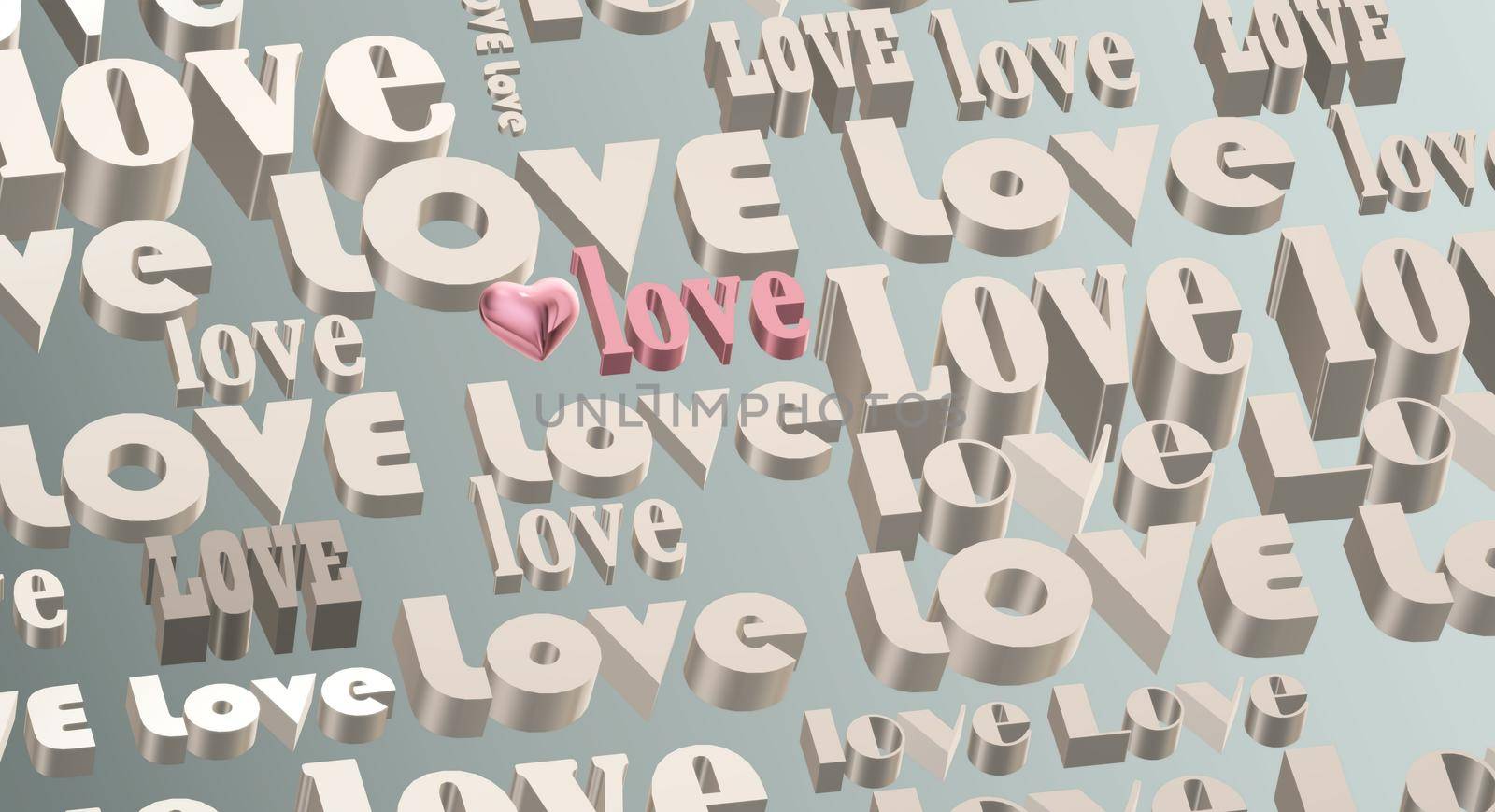 Gold multi words LOVE on pastel green background, 3D pink heart. Valentines, Love, party invitation, mothers day, 8th March, wedding, greeting card. Place for text. Elegant pink love design. 3D render