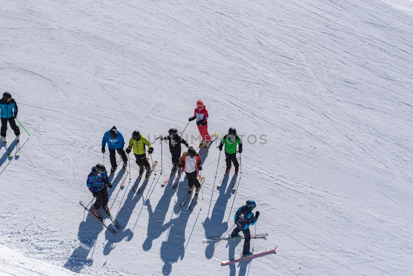 Ordino Arcalis, Andorra: January 2021: People skiing in the Ordino Arcalis by Grandvalira Pyrenees station in winter 2021
