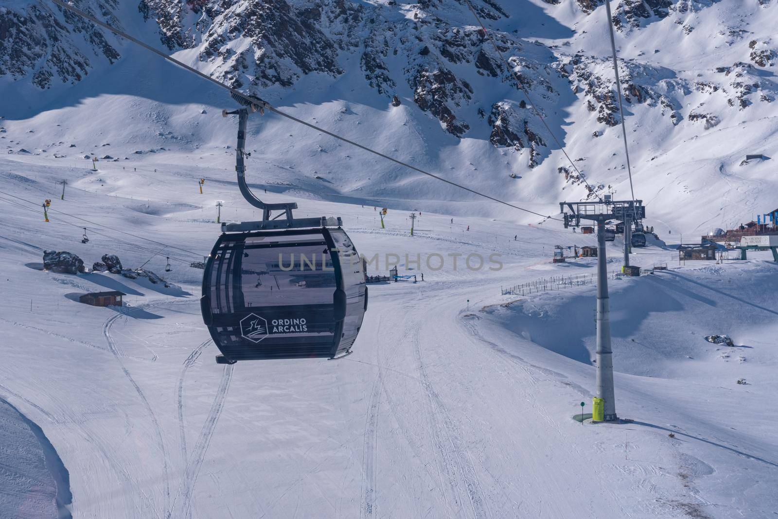 Ordino Arcalis, Andorra: January 2021: Gondola lift in the Ordino Arcalis by Grandvalira Pyrenees station in winter 2021