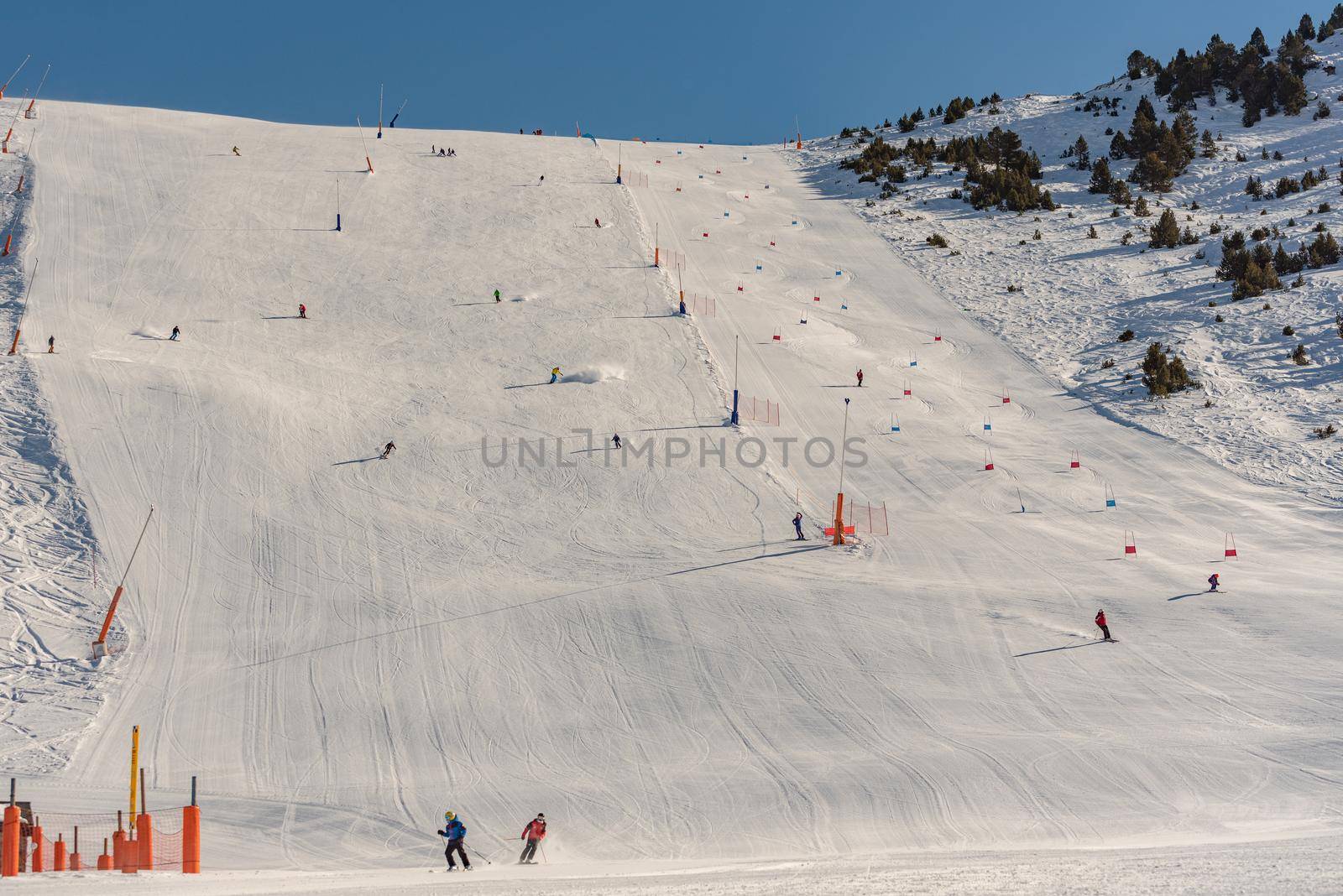 Grandvalira, Andorra: 2021 January 17: Grandvalira ski resort in Grau Roig Andorra in time of COVID19 in winter 2021.