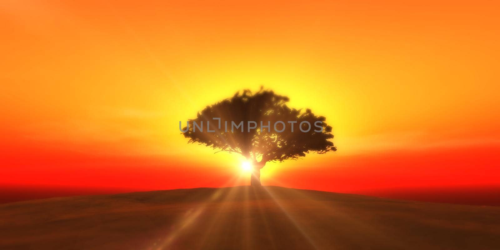 tree on the filed sunset sky, 3d render illustration