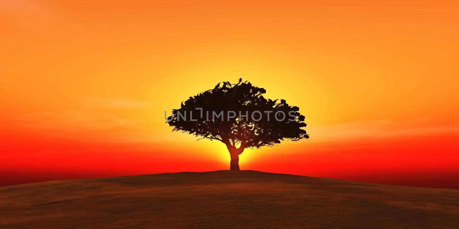 tree on the filed sunset sky, 3d render illustration