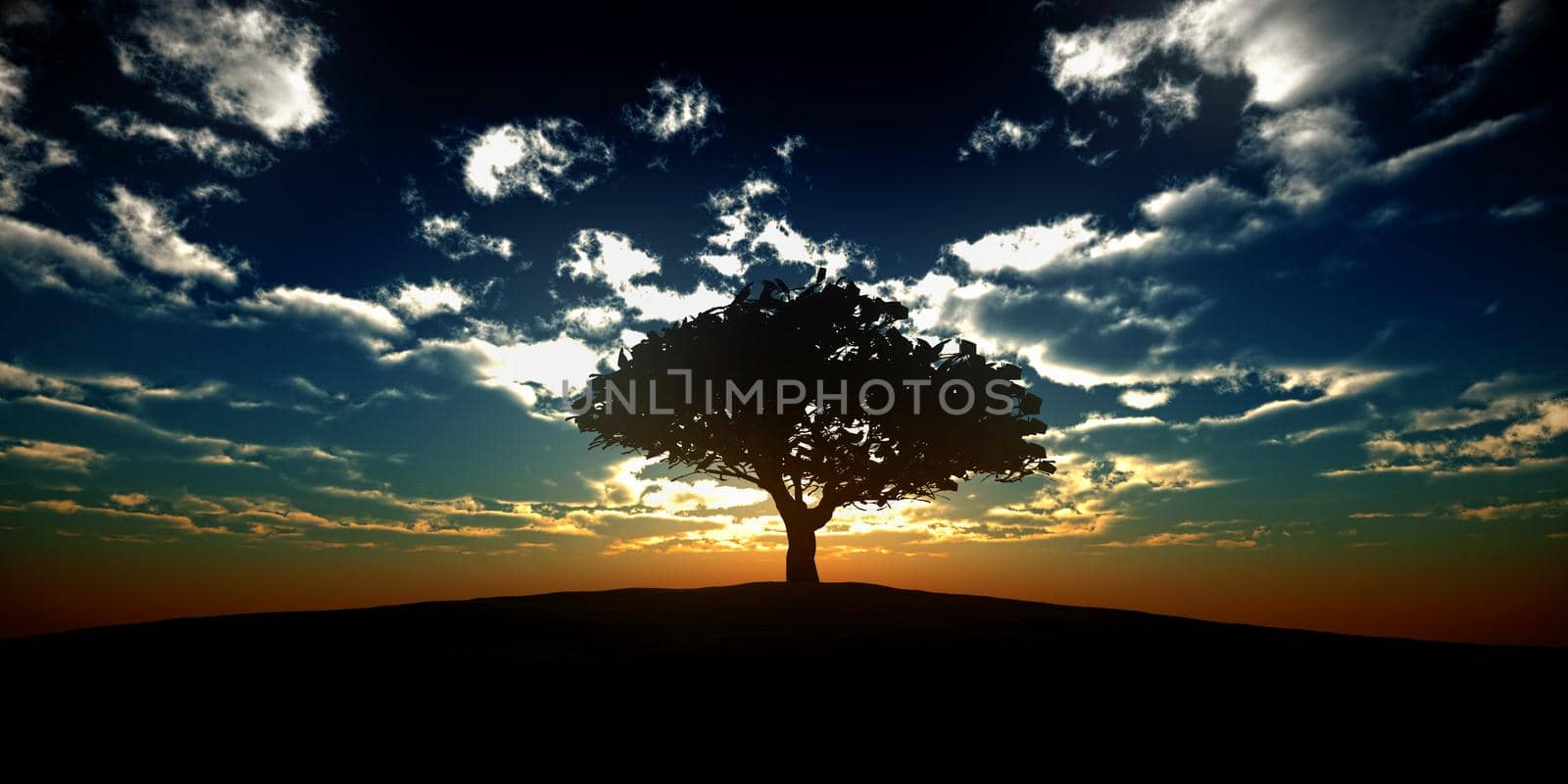 tree on the filed sunset sky, 3d render illustration